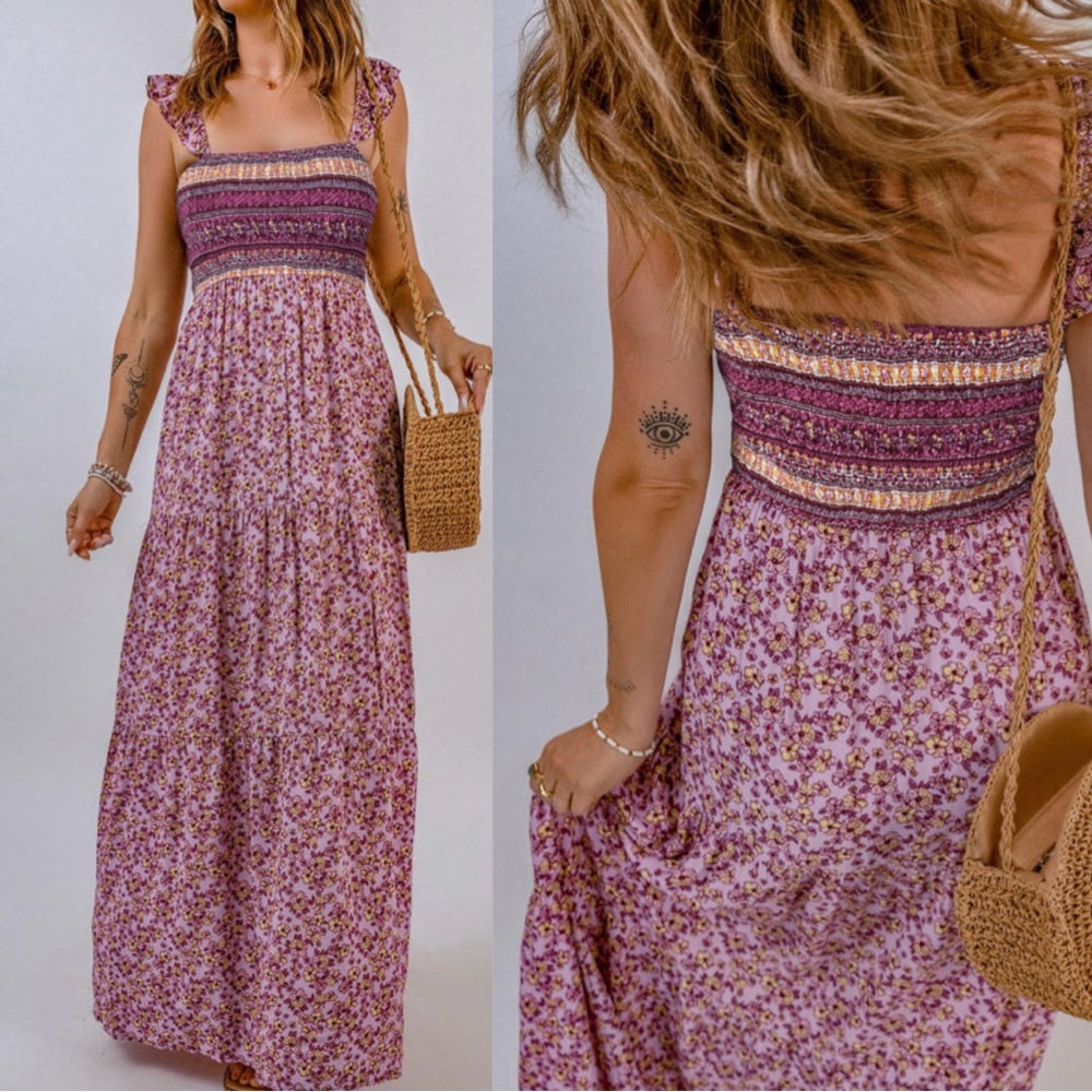 Boho Lavender Shirred Ruffled Sleeveless Floral Maxi Sun Dress